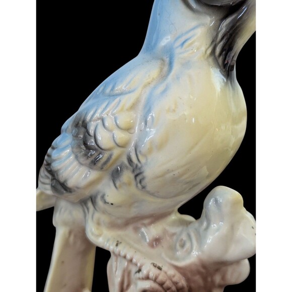 Vintage Porcelain Blue Jay Bird Figurine Japan Stump 10" Tall Leaves Singing - Picture 3 of 12